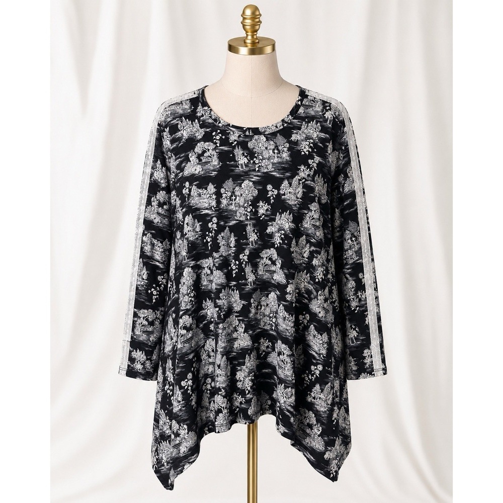 LOGO Lounge‎ Floral Print French Terry Toile Crochet Trim Pockets Black Size 3X